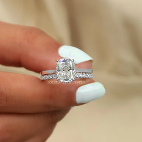 [Elongated Cushion Cut Moissanite Bridal Wedding Ring Set Made With Prongs]-[Golden Bird Jewels]