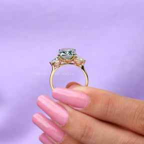 [Cushion And Trillion Cut Three Stone Fancy Color Moissanite Engagement Ring]-[Golden Bird Jewels]