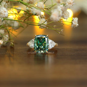 Beautiful Blue Green Cushion Cut Three Stone Moissanite Engagement Ring