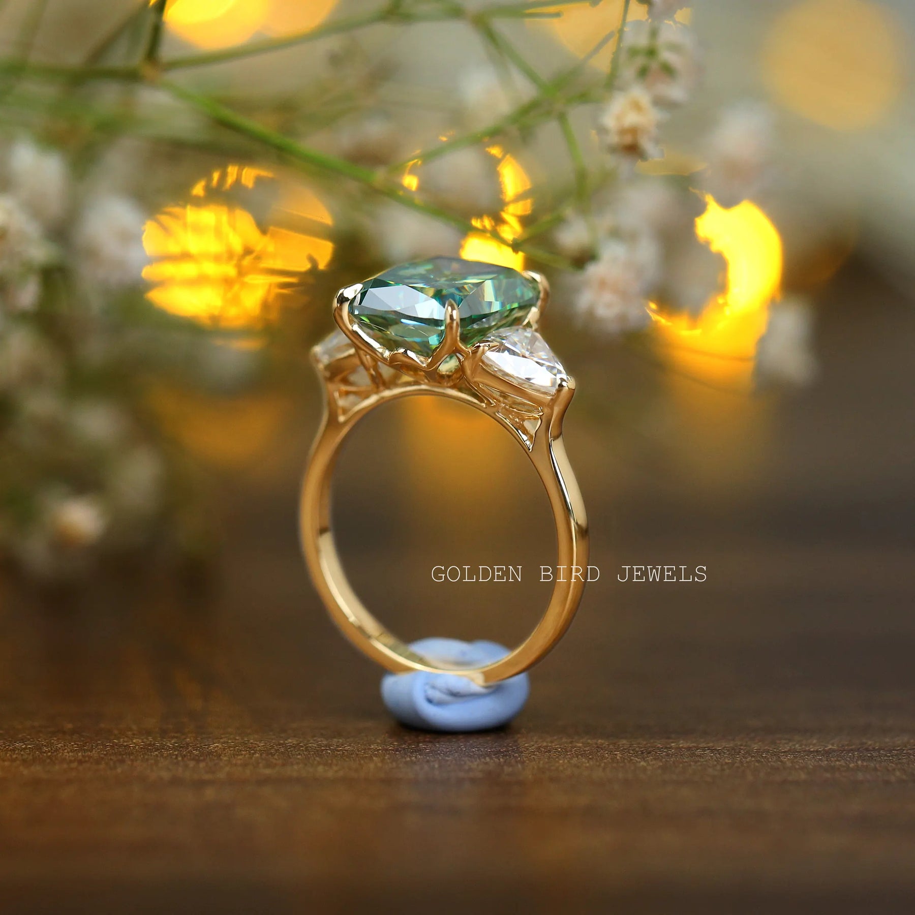 [3 Stone Moissanite Engagement Ring in Gold]-[Golden Bird Jewels]