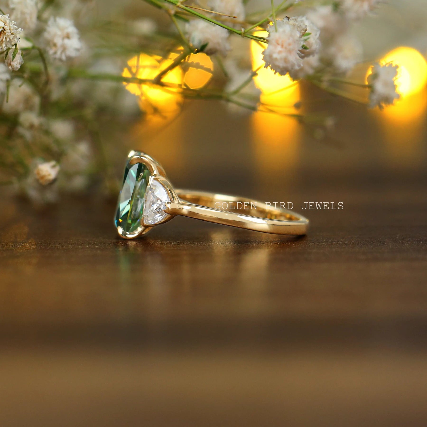[Cushion And Trillion Cut Moissanite Ring]-[Golden Bird Jewels]