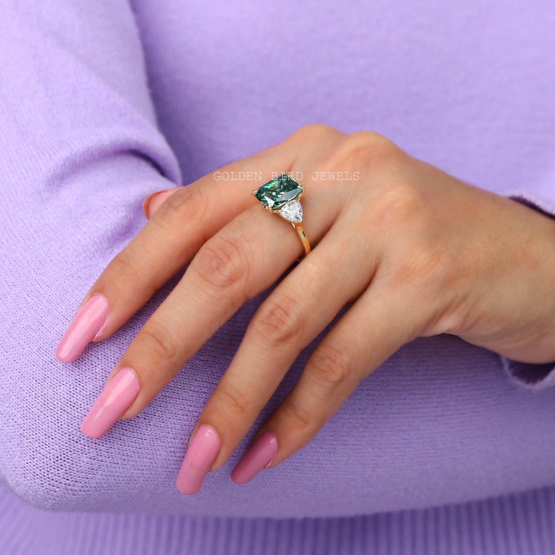 [3 Stone Cushion Cut Moissanite Engagement Ring]-[Golden Bird Jewels]