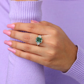 In Finger Look Of Green Cushion Cut 3 Stone Engagement Ring