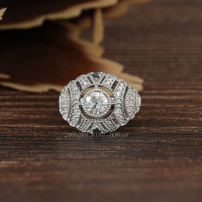 [Old European Round Cut Moissanite Bridal Art Deco Ring Set In 18k White Gold]