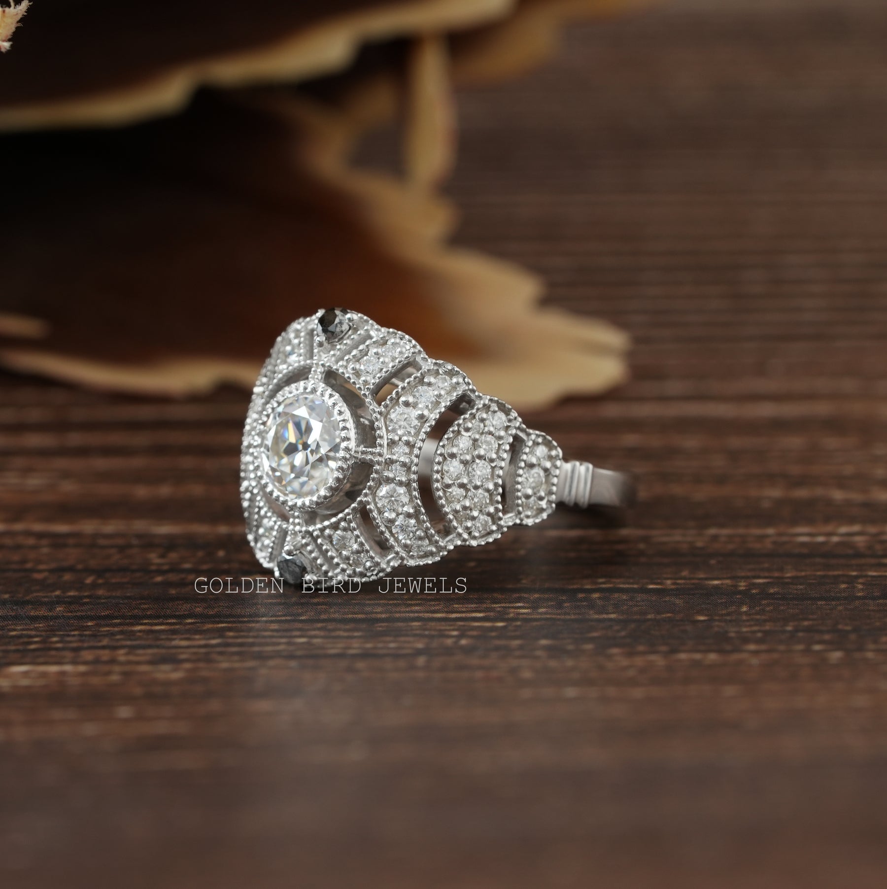 [This bridal set made of old european round cut moissanite available in different gold at golden bird jewels]