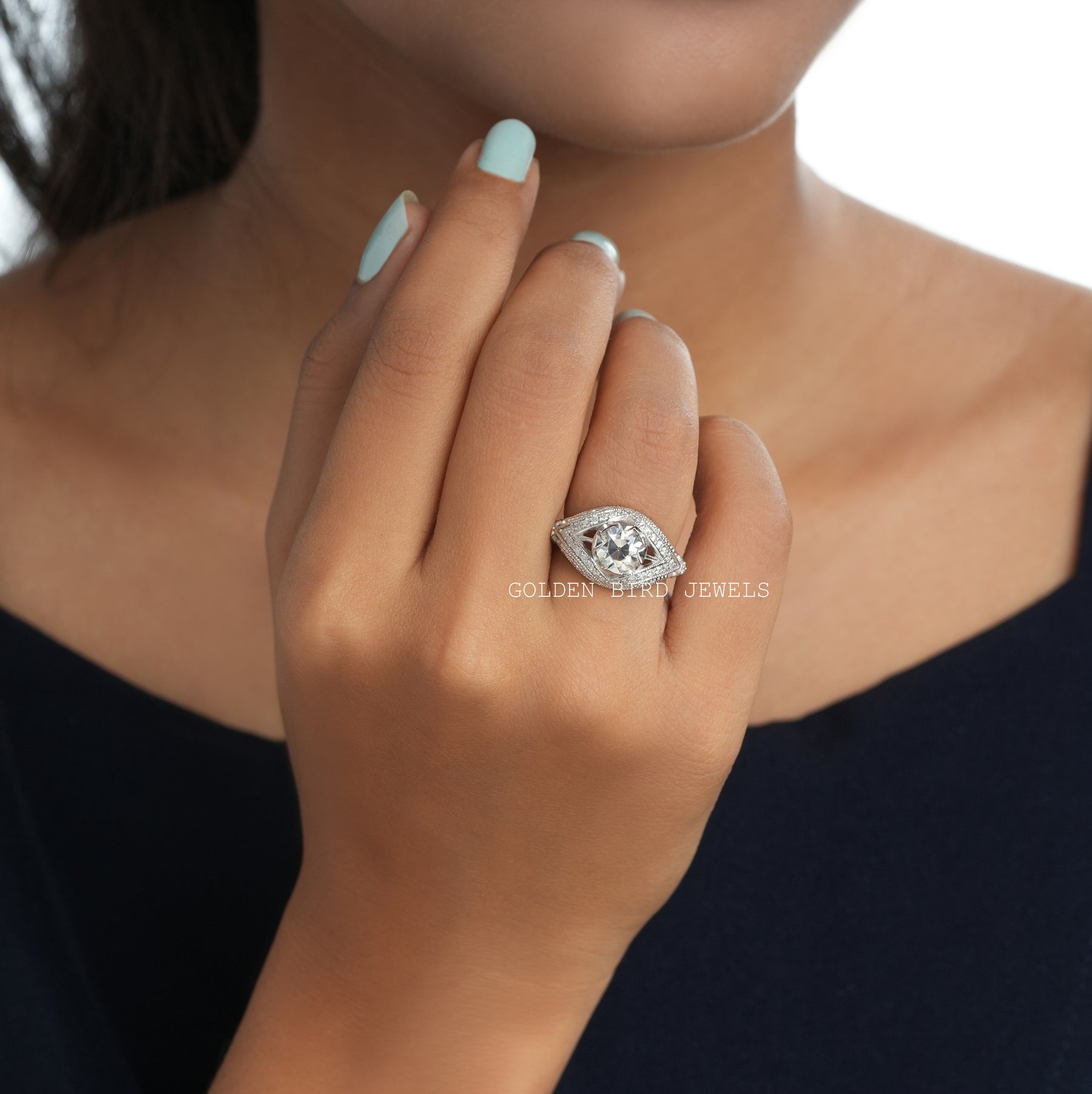 [Moissanite OEC Art Deco Vintage Engagement Ring Made Of 18 k  White Gold]-[Golden Bird Jewels]