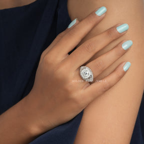 [Moissanite Round Cut Vintage Engagement Ring In 14K White Gold]-[Golden Bird Jewels]