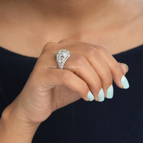 In Finger Side View Of OEC Round Moissanite Engagement Ring 