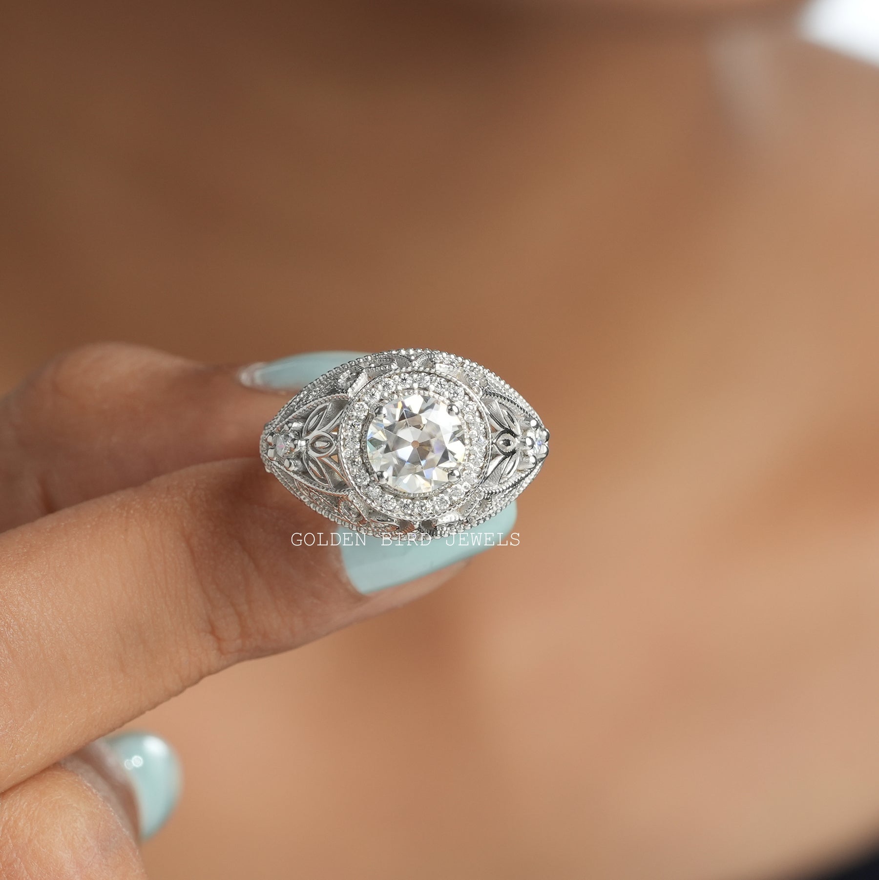 Front View Of Round Shape Moissanite Vintage Style Engagement Ring 