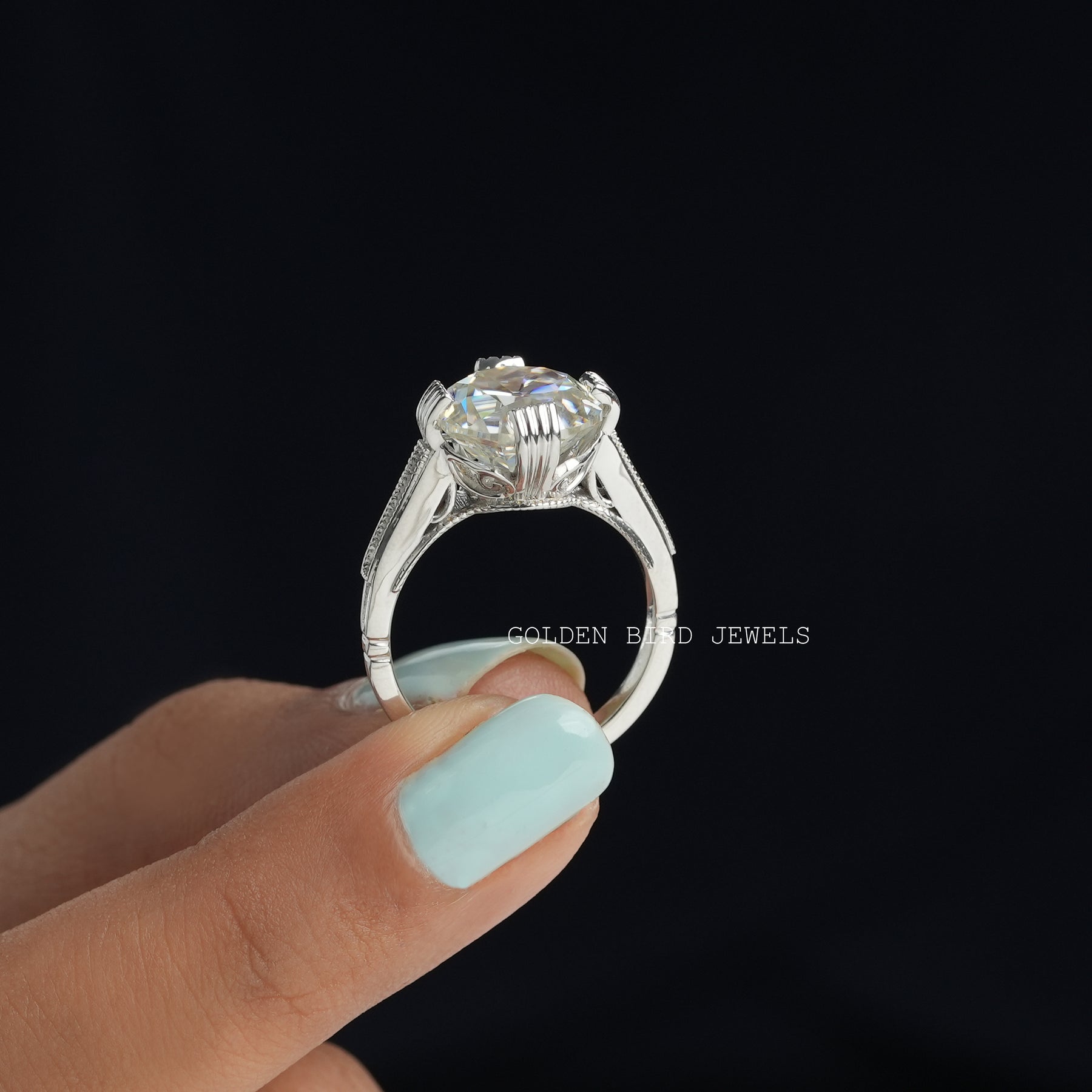 [This vintage style round cut moissanite engagement ring made in 18k white gold]-[Golden Bird Jewels]