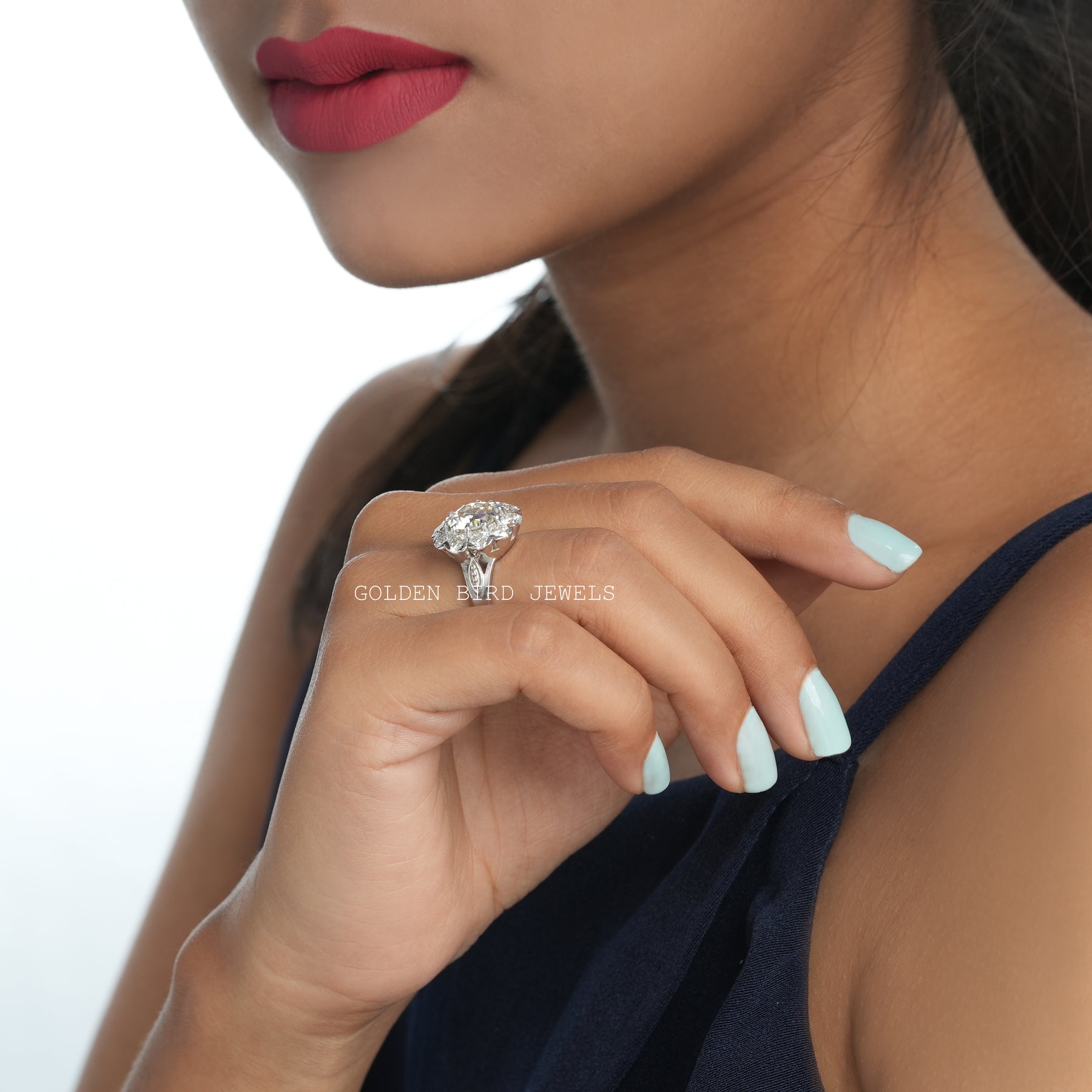 [This 2.15 carat old european round cut moissanite halo ring made of 18k white gold]-[Golden Bird Jewels]