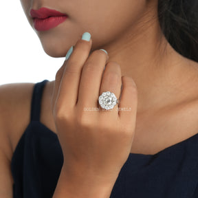 [In finger front view of old european round cut moissanite ring set in halo setting]-[Golden Bird Jewels]