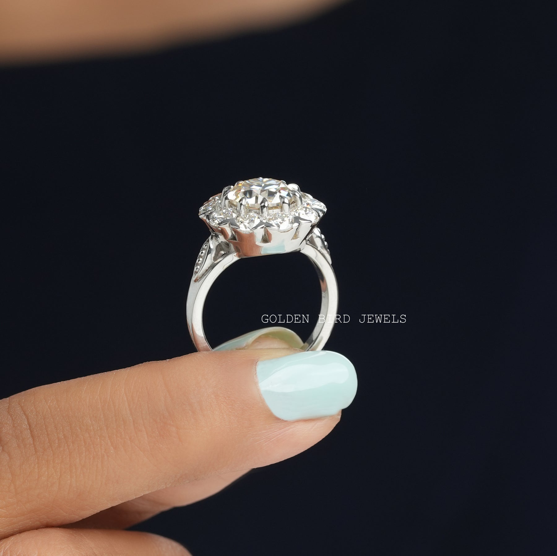 [This halo moissanite round cut ring made of 18k white gold]-[Golden Bird Jewels]