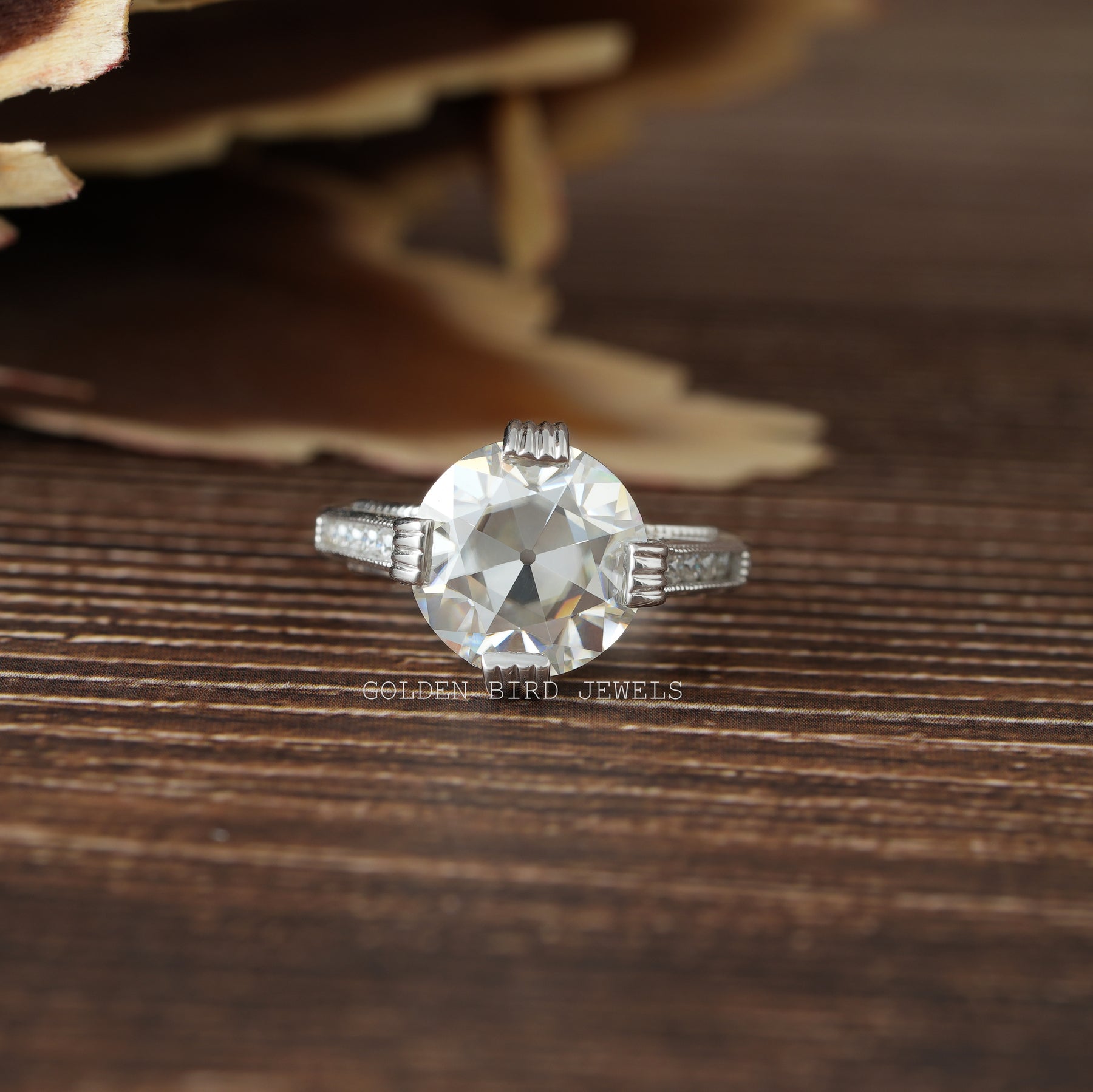 [Moissanite OEC Round Cut Vintage Engagement Ring In 14K White Gold]-[Golden Bird Jewels]