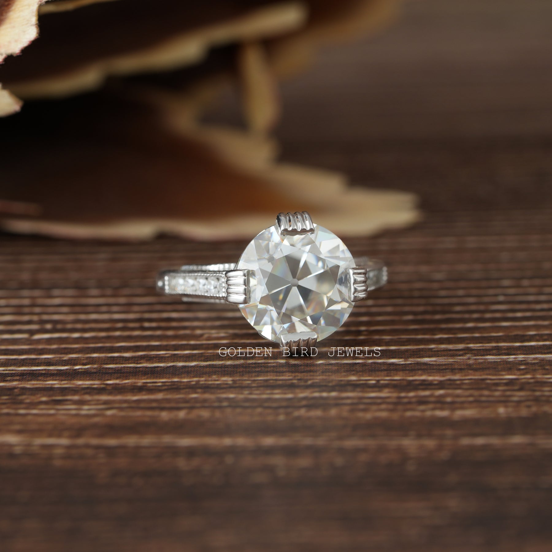 [This moissanite vintage style engagement ring set in round cut side stones]-[Golden Bird Jewels]