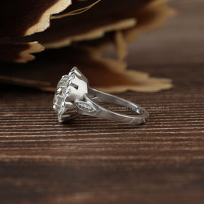 [Side view of old european round cut moissanite halo ring made of vvs clarity moissanite]-[Golden Bird Jewels]