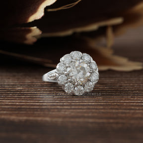 [Front view of moissanite old european round cut moissanite halo ring made of round cut stones]-[Golden Bird Jewels]