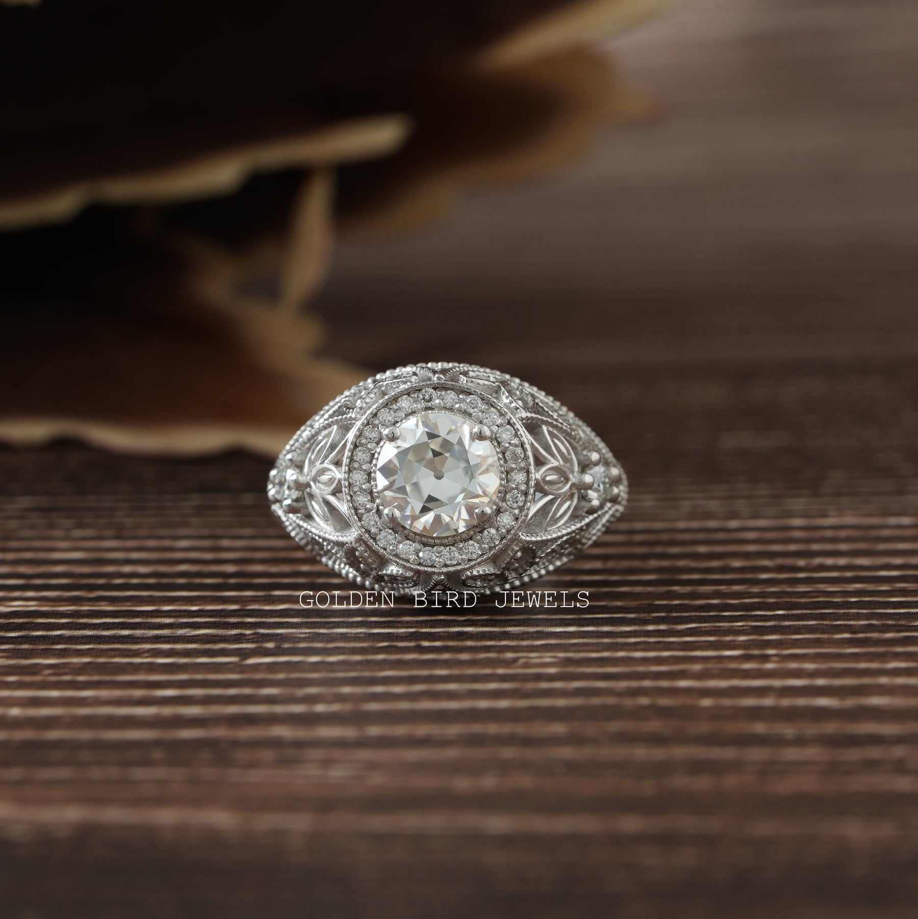 White Gold Moissanite Engagement Ring Made With old Cut Round Moissanite