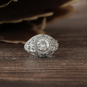 Old European Cut Round Moissanite Vintage Ring In 18k White Gold 