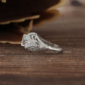 [Moissanite Art Deco Vintage Ring Made Of 18k White Gold]-[Golden Bird Jewels]