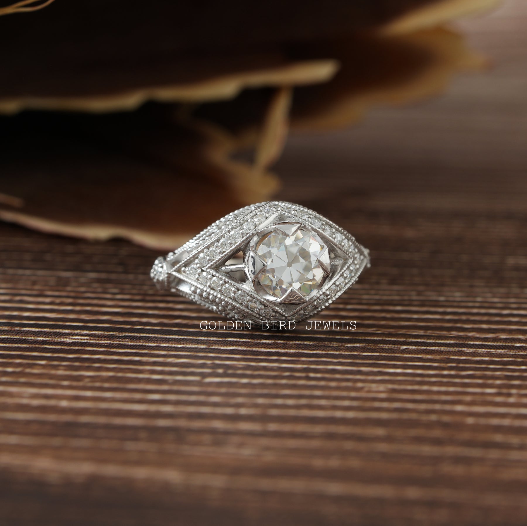 [OEC Round Art Deco Moissanite Vintage Ring Set In Prongs Setting]-[Golden Bird Jewels]