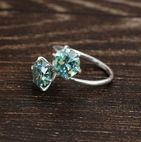 [Moissanite Bypass Style Engagement Ring Made Of Blue Round Cut Stones]-[Golden Bird Jewels]