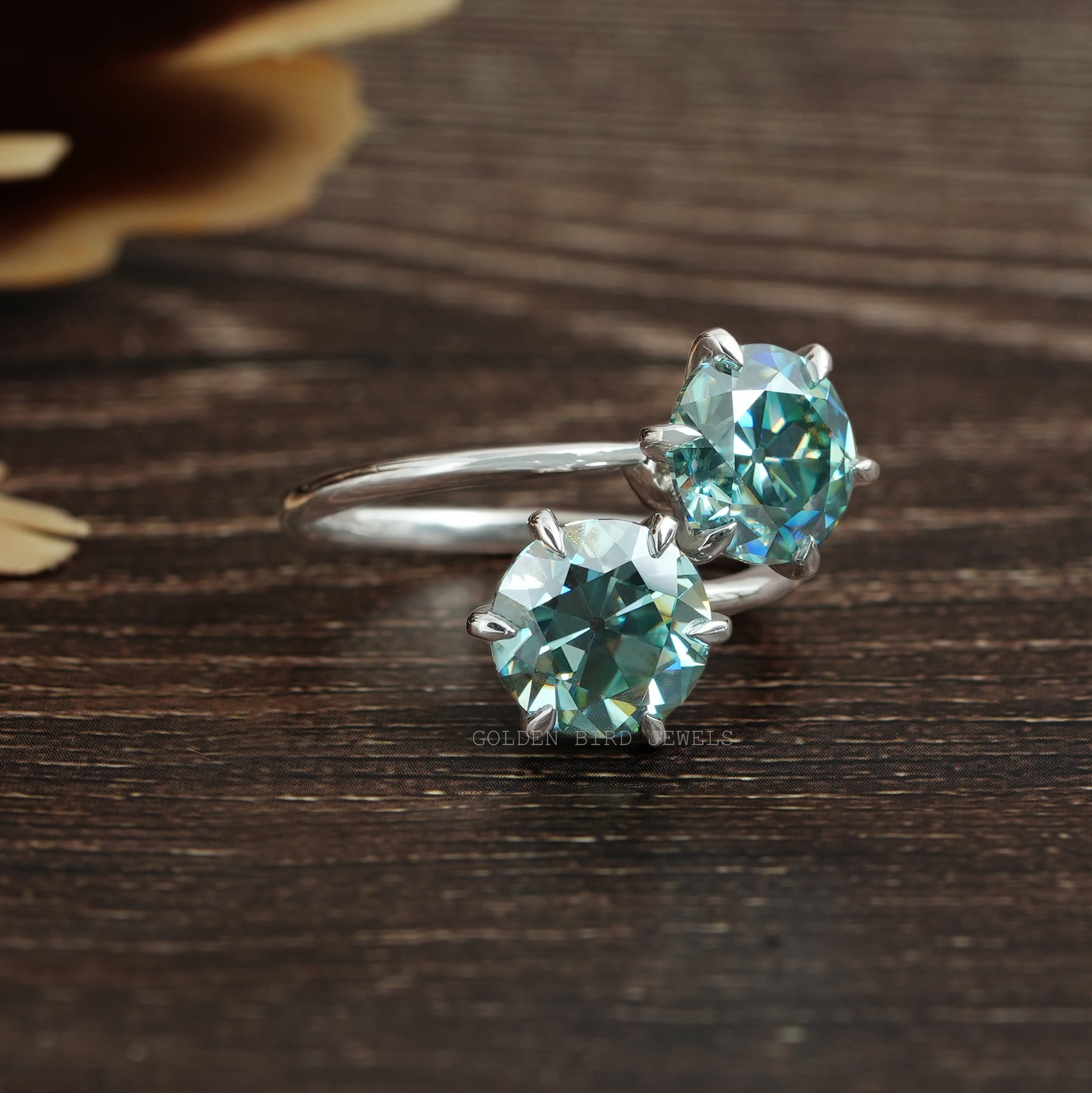 [OEC Blue Round Two Stone Engagement Ring Set In Prongs Setting]-[Golden Bird Jewels]