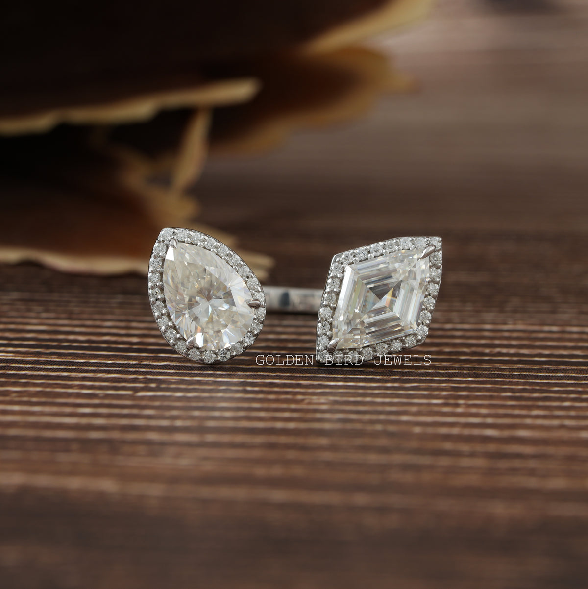 Marquies and pear cut halo moissanite engagement  ring