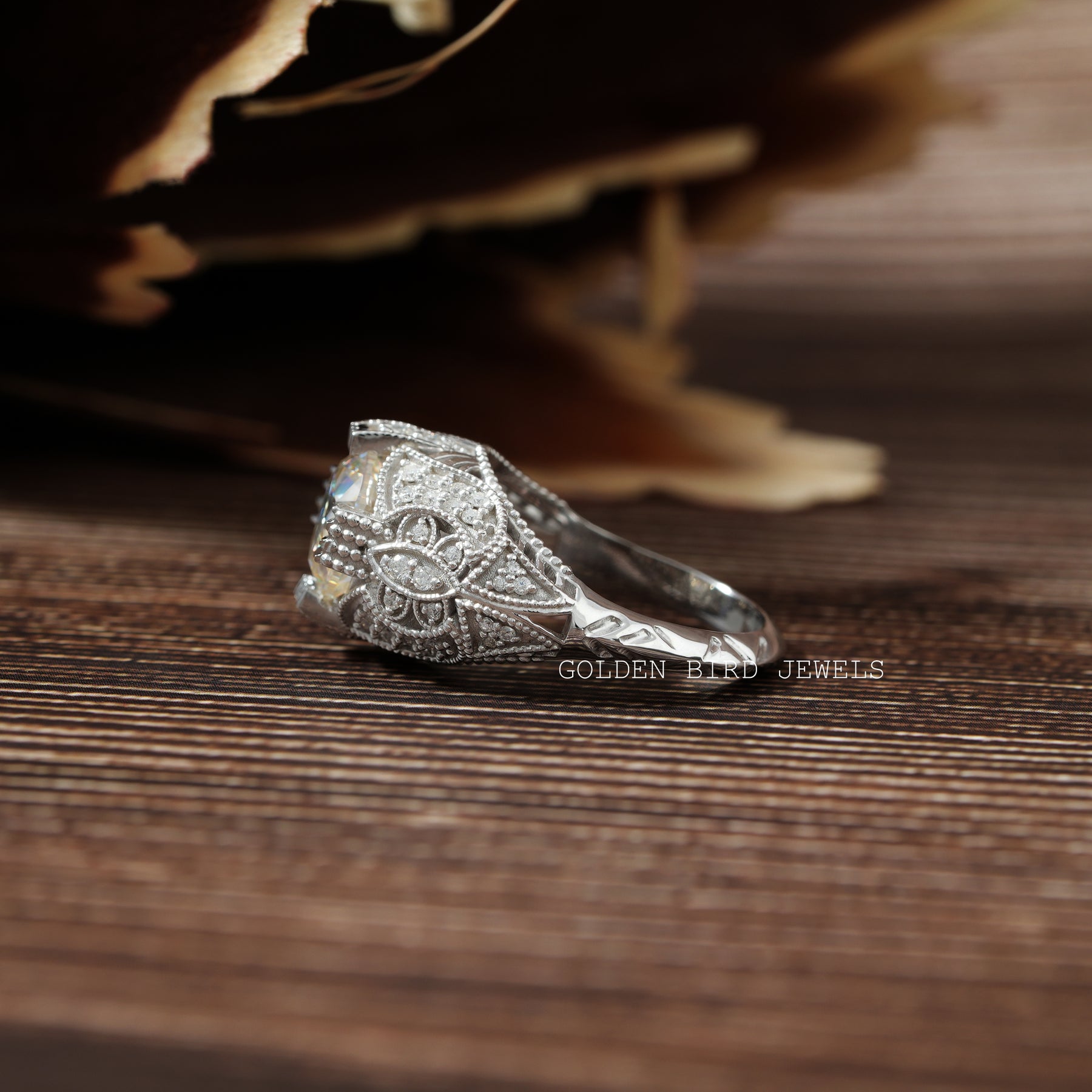 [Moissanite round cut art deco ring made of white gold and art deco design]-[Golden Bird Jewels]