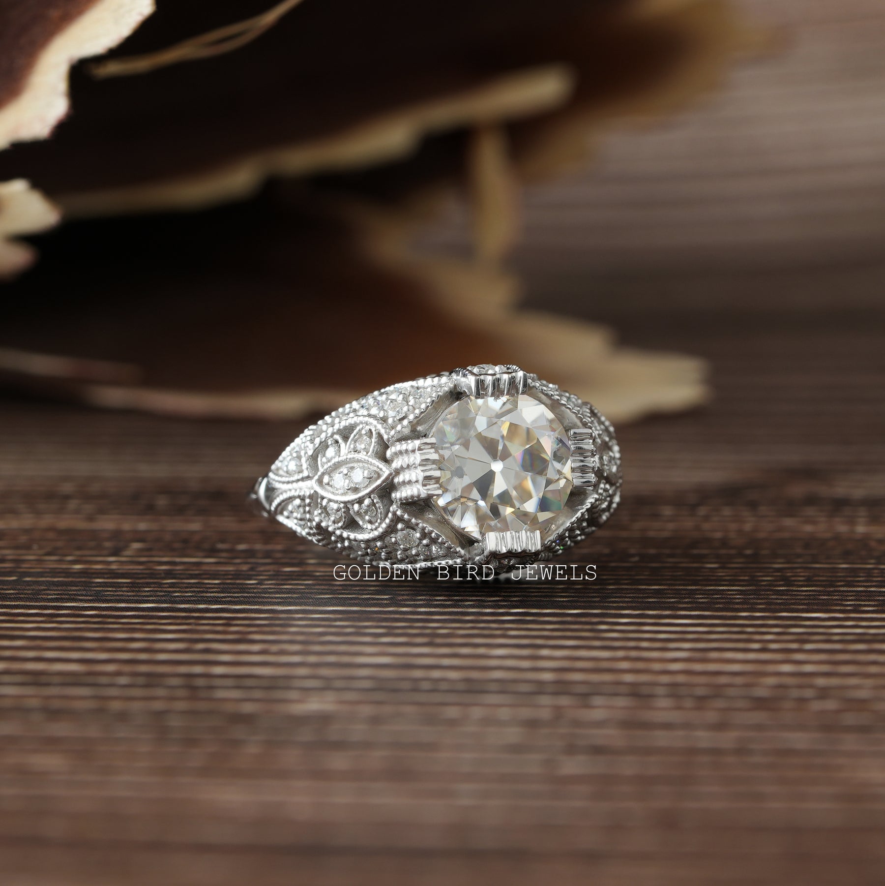 [This moissanite art deco ring made of oec round cut stone with vvs clarity moissanite]-[Golden Bird Jewels]