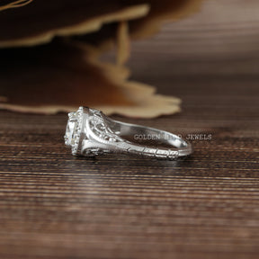 [This art deco moissanite engagement ring made of white gold with VVS clarity moissanite]