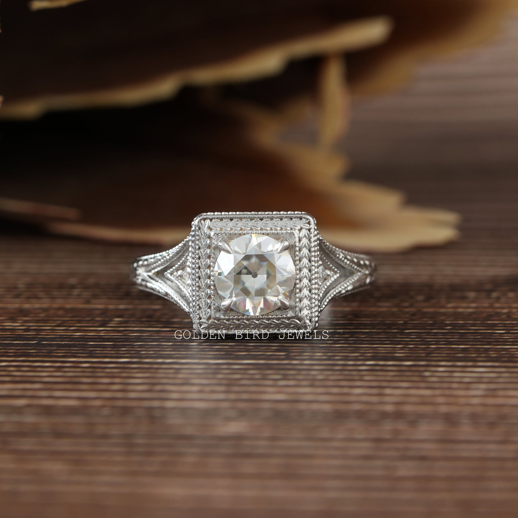 [Front view of old european round cut moissanite art deco ring]