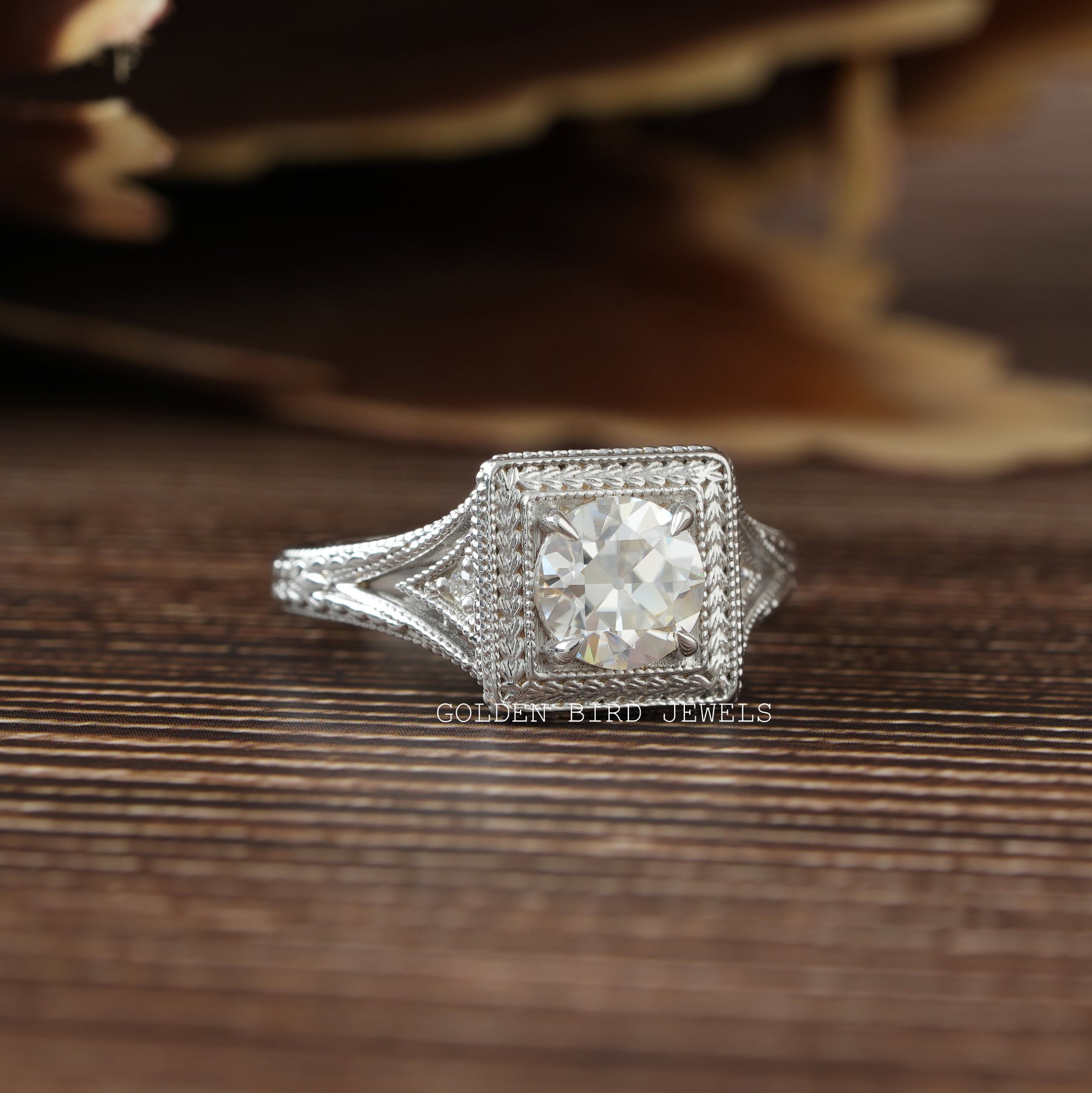 [Vintage style moissanite ring made of white gold available at golden bird jewels]