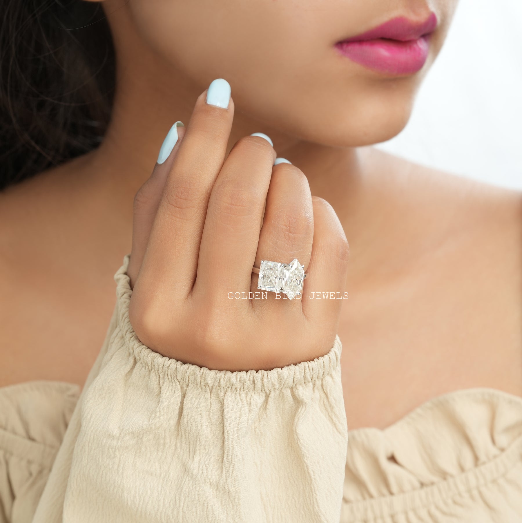 [Moissanite Toi Et Moi Ring Made In  18k White Gold]-[Golden Bird Jewels]