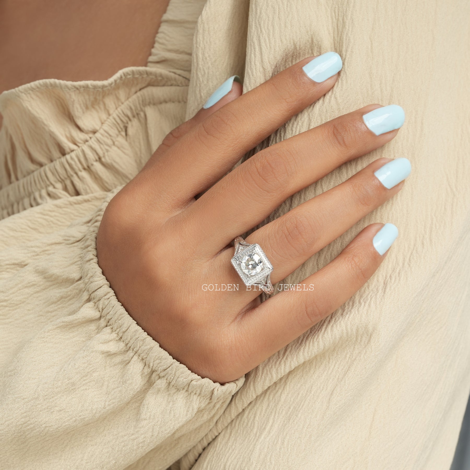 [Cross finger front view of moissanite old european round cut ring made in 14k white gold]