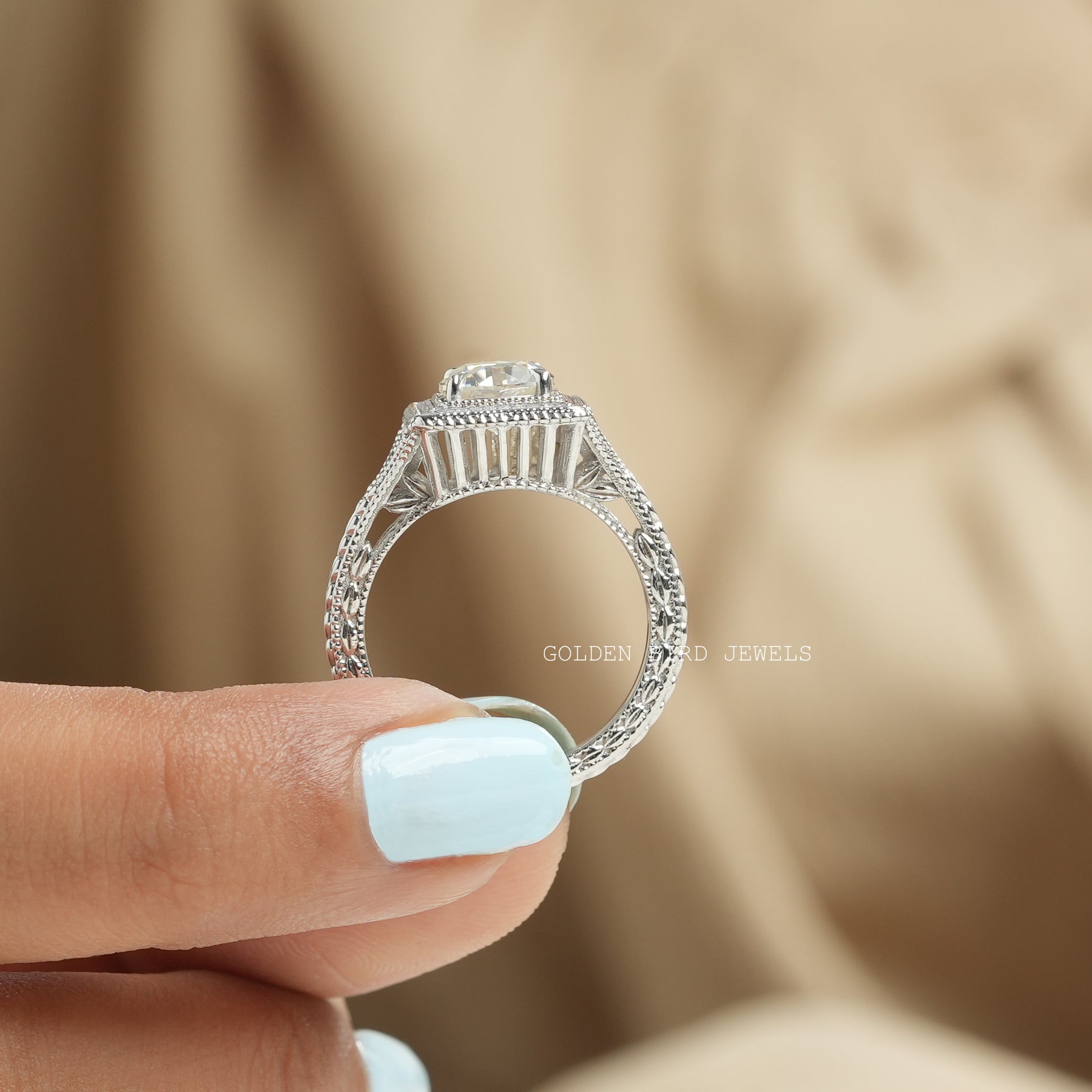 [Art Deco Old European Round Cut Moissanite Engagement Ring]-[Golden Bird Jewels]
