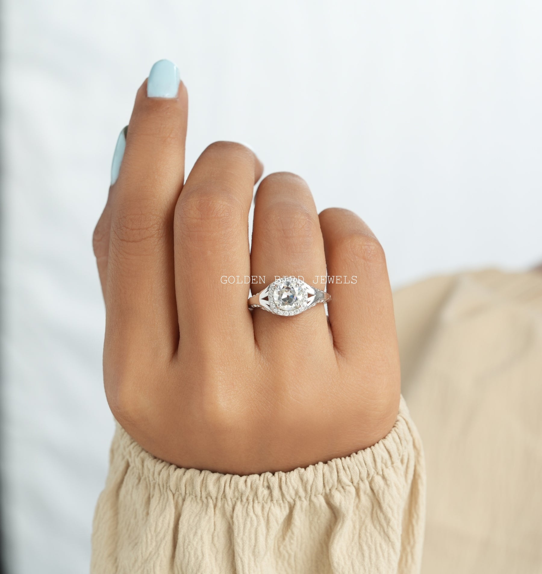 [Moissanite halo ring crafted with old european round cut stone]