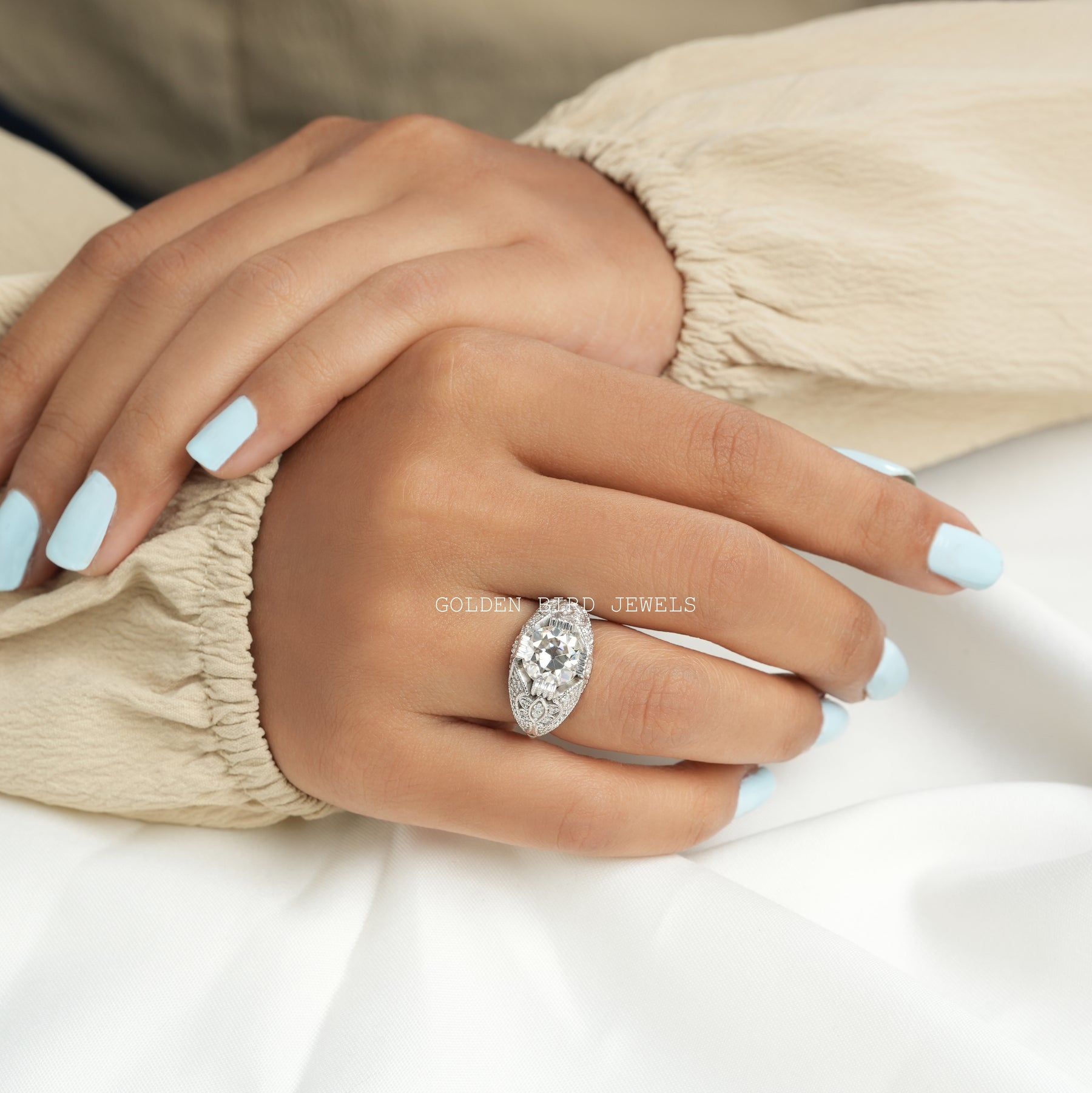 [Moissanite OEC Round Cut Art Deco Engagement Ring]-[Golden Bird Jewels]