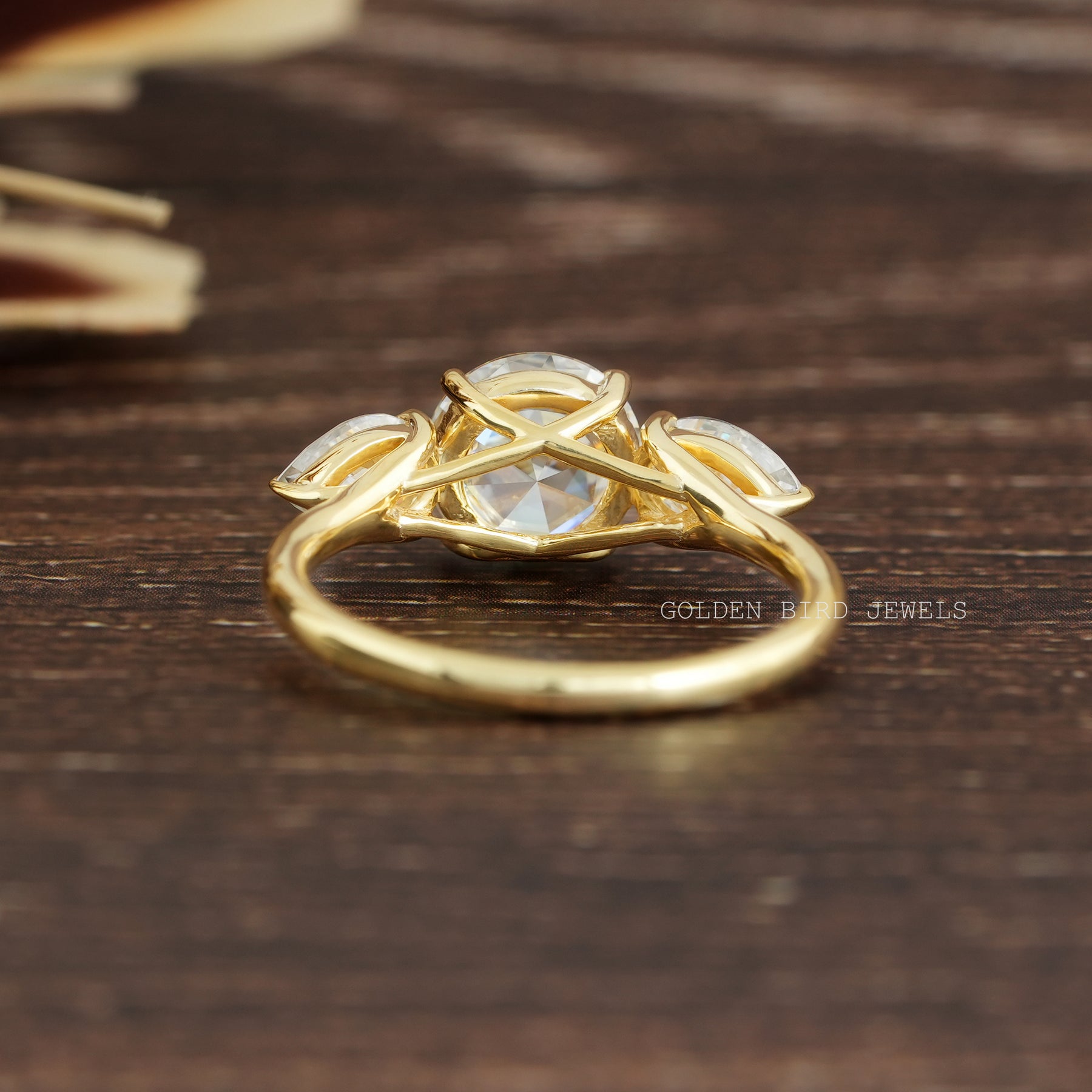 Rose Cut Round Moissanite Three Stone Engagement Ring