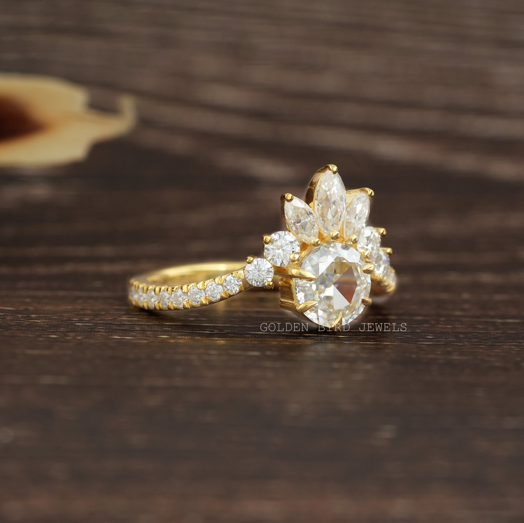 [Prong Set Rose Cut Round Moissanite Ring In Yellow Gold]-[Golden Bird Jewels]