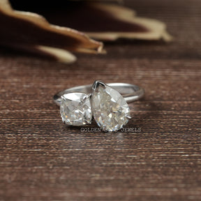 Old Mine Cushion & Old Mine Pear Cut Moissanite Ring