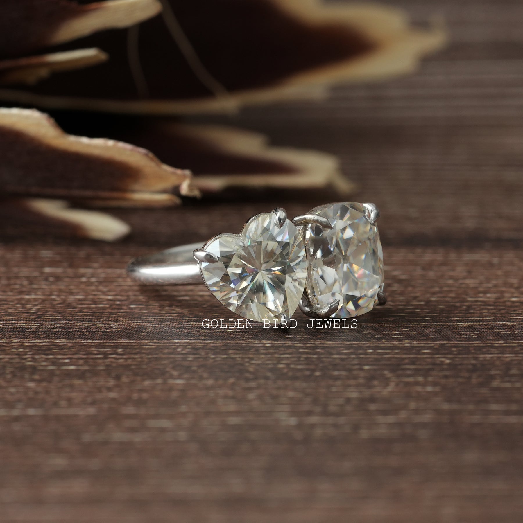 [Heart & Old Mine Cushion Cut Moissanite Ring Crafted With Prongs Setting]-[Golden Bird Jewels]