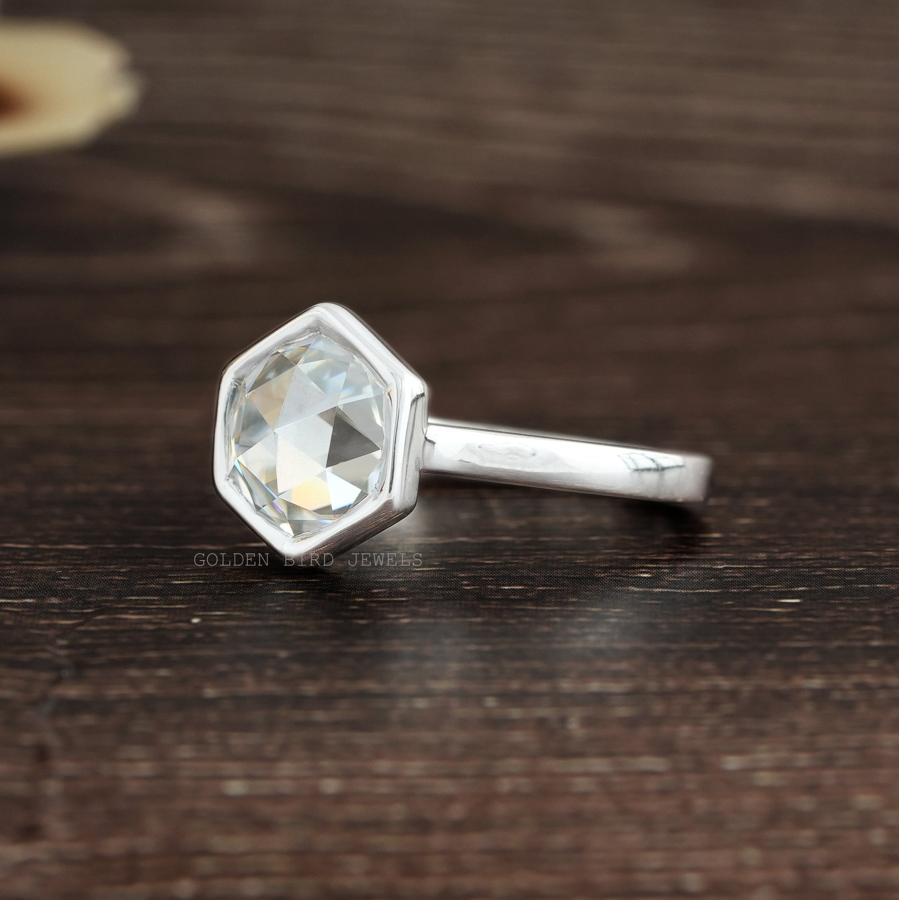 [White Gold Colorless Rose Cut Hexagon Moissanite Ring]-[Golden Bird Jewels]