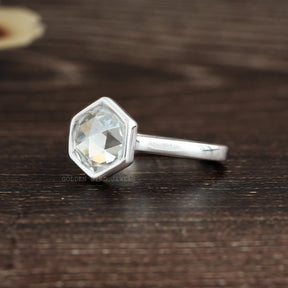 [White Gold Colorless Rose Cut Hexagon Moissanite Ring]-[Golden Bird Jewels]