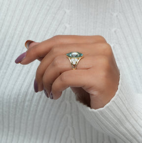 [Blue Marquise Cut Moissanite Engagement Ring]-[Golden Bird Jewels]