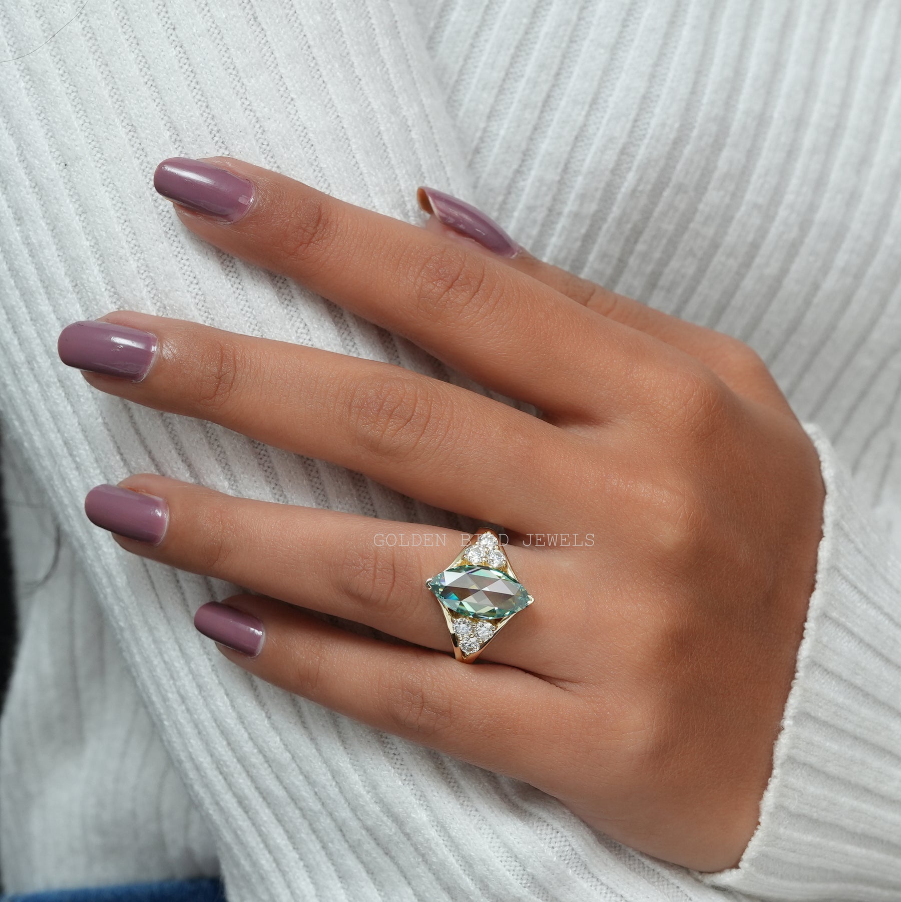 [Blue Rose Cut Marquise Vintage Engagement Ring]-[Golden Bird Jewels]