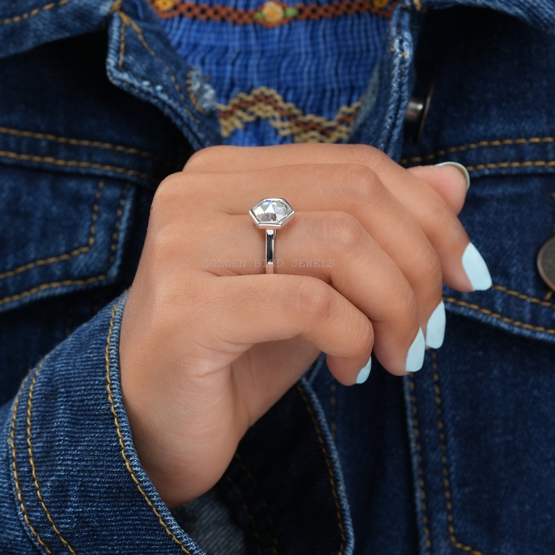 [Moissanite Rose Cut Hexagon Cut Engagement Ring In White Gold]-[Golden Bird Jewels]