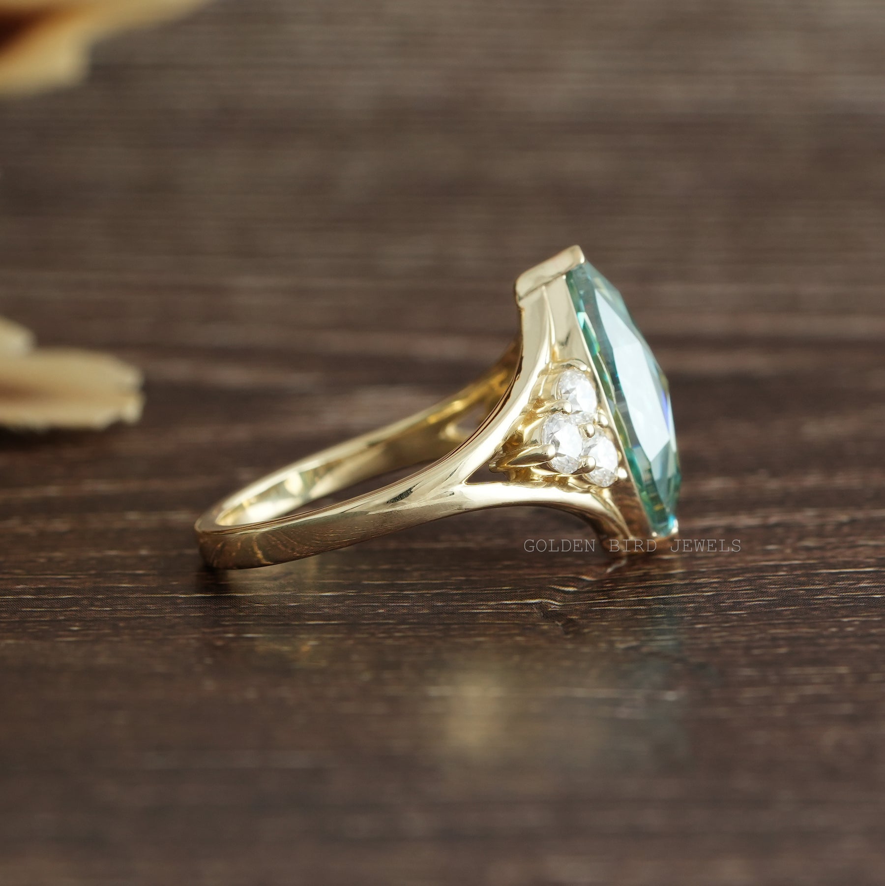 [Blue Marquise Cut Moissanite Engagement Ring]-[Golden Bird Jewels]