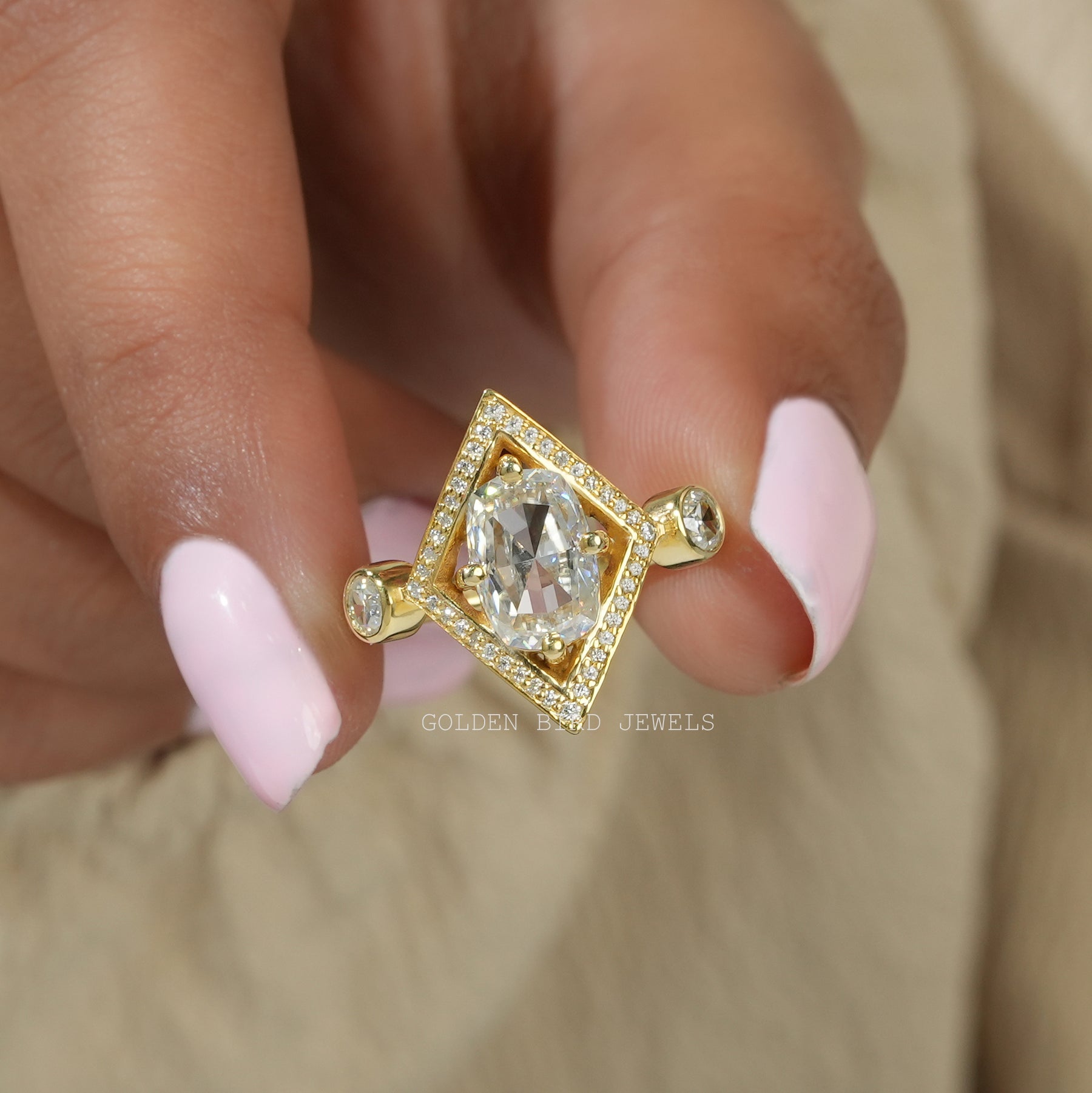 [Rose Cut Cushion And Round Moissanite Ring]-[Golden Bird Jewels]