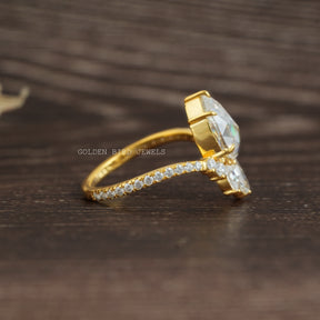[Yellow Gold Rose Cut Pear Moissanite Engagement Ring]-[Golden Bird Jewels]